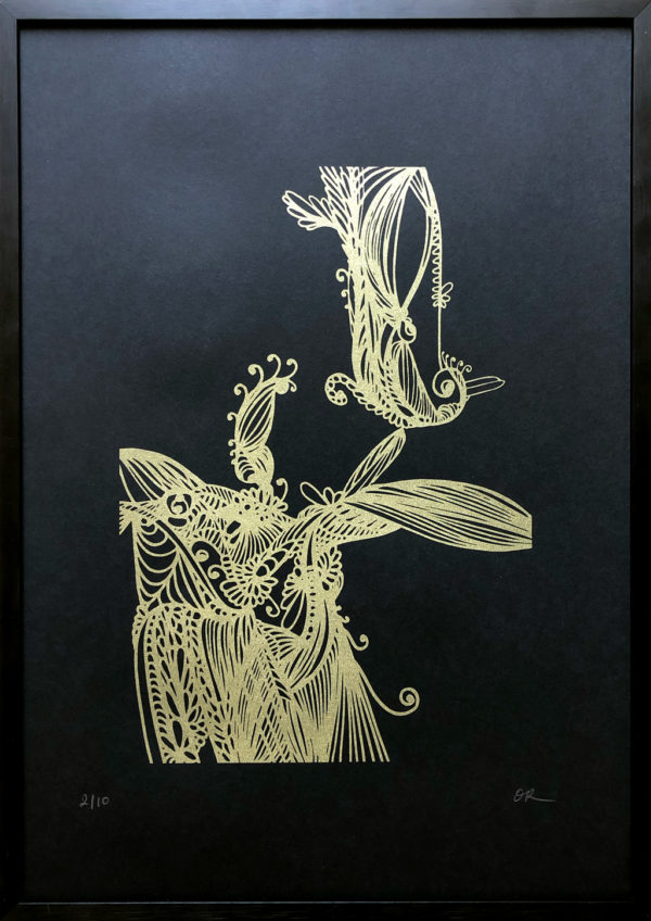 Les oiseaux - Sérigraphie - or sur papier noir par Artiste OR